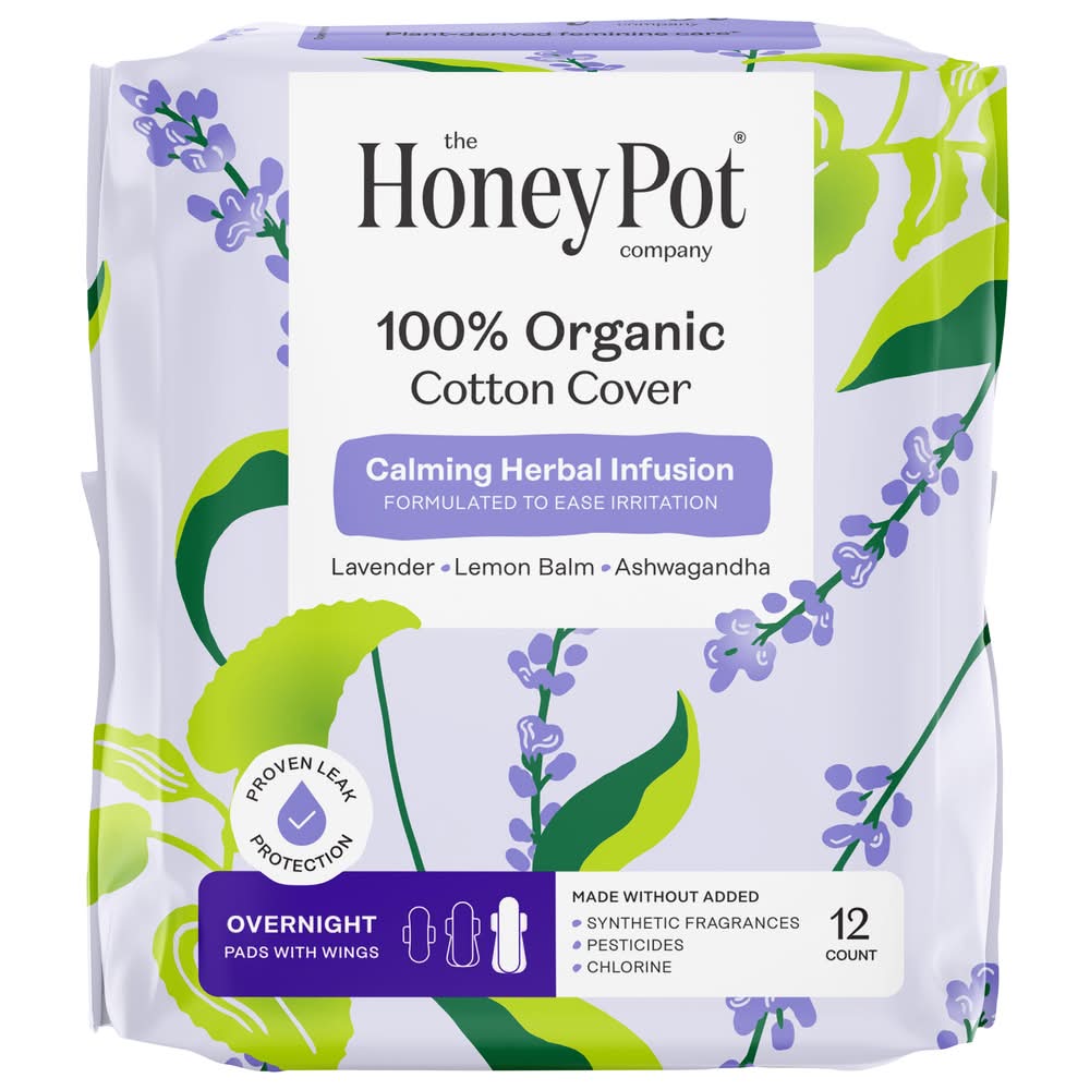 The Honey Pot 100% Organic Cotton Cover Calming Herbal Infusion Overnight Pads, Women (12 ct)