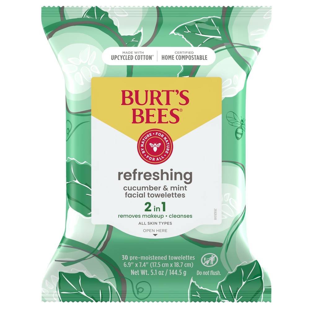 Burt'S Bees Refreshing Facial Cleanser And Makeup Remover Towelettes With Cucumber And Mint, 30 Ct