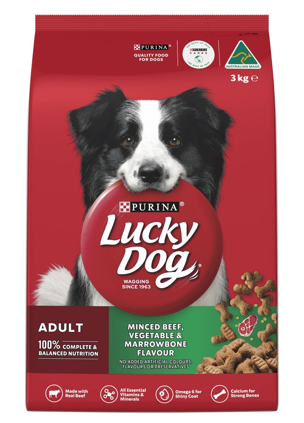 Purina Lucky Dog Dry Dog Food, Minced Beef-Vegetable-Marrowbone, Adult (3kg)