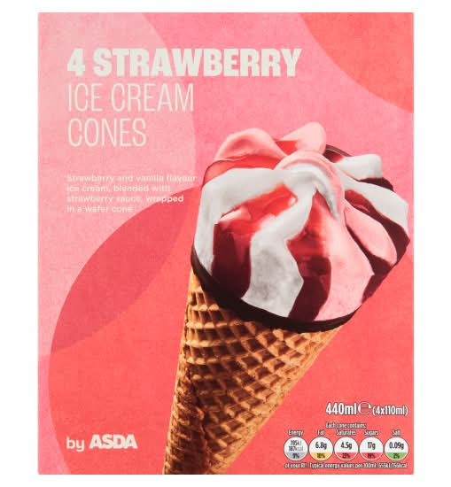 ASDA Strawberry-Vanilla, Ice Cream Cones (4 pack)