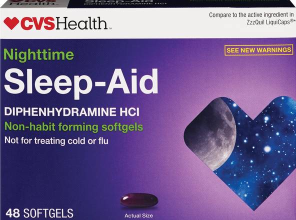 CVS Health Nighttime Sleep Aid Diphenhydramine HCI 25 MG Softgels, 48 CT