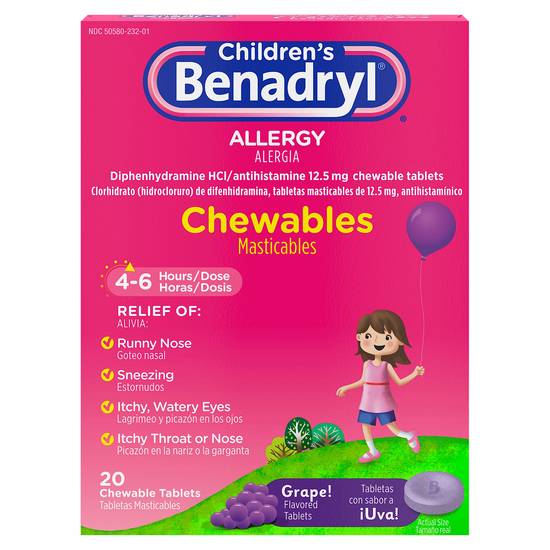 Children's Benadryl Allergy Chewable Tablets Grape Flavor (20 ct)