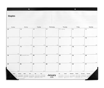 2026 Staples 21.75 x 17 Monthly Desk Pad Calendar, Unlined, White/Black (ST58448-26)