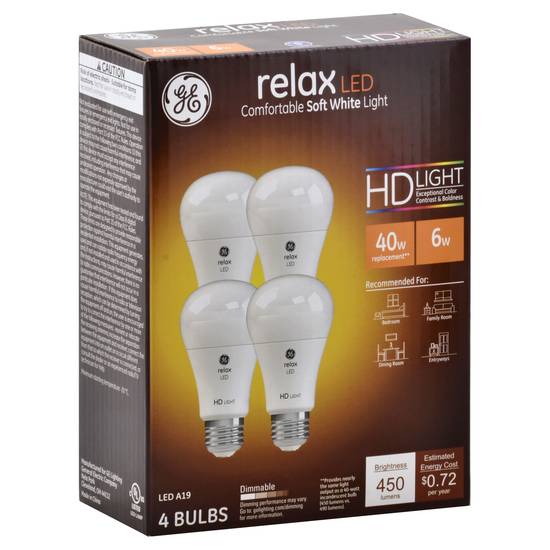 Ge Relax Led Hd Light A19 40w/6w 450 Lumens Dimmable (4 bulbs)