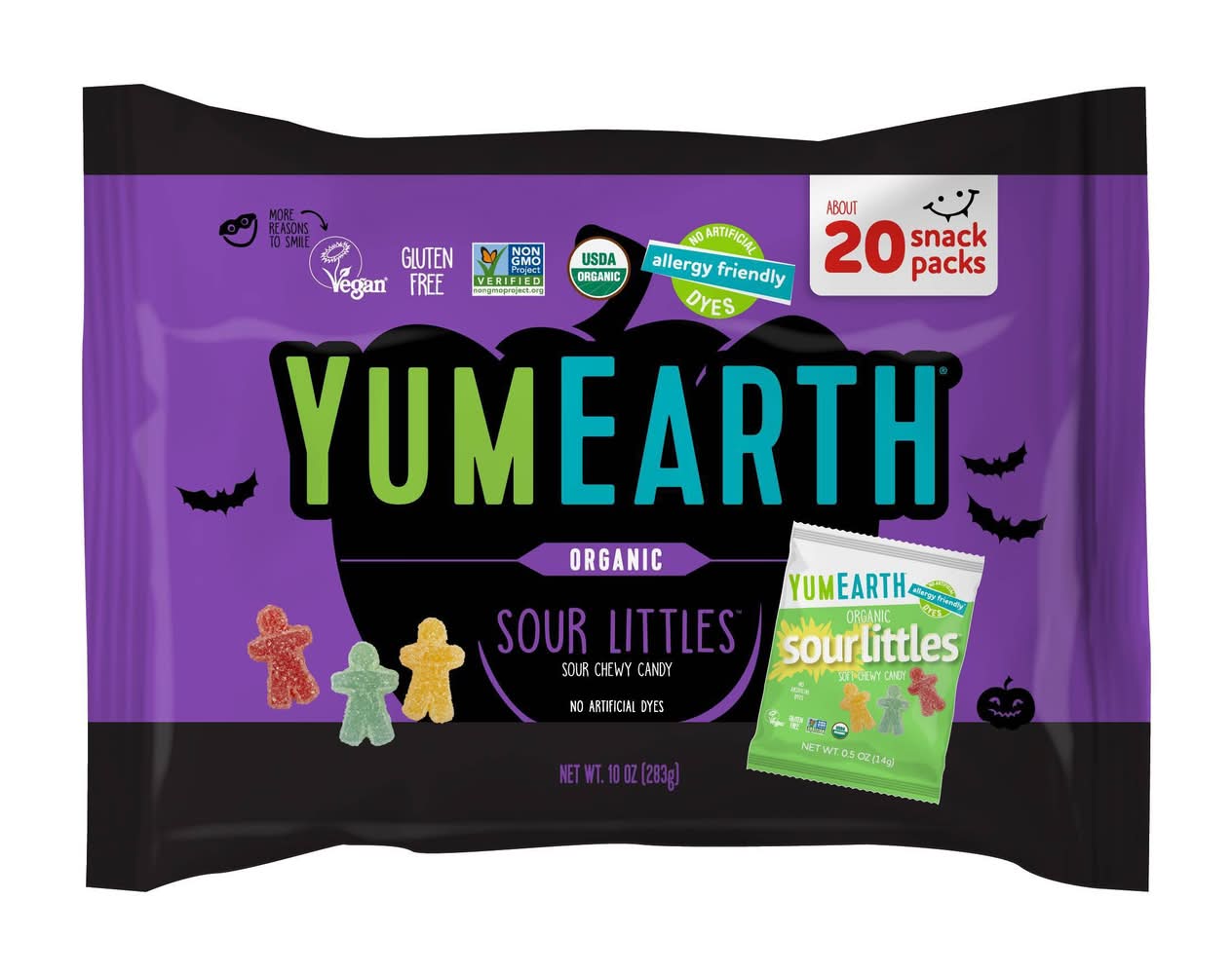 YumEarth Halloween Sour Littles Gummy Candy, Strawberry Lemon Blue Raspberry. (10 oz, 20 ct)