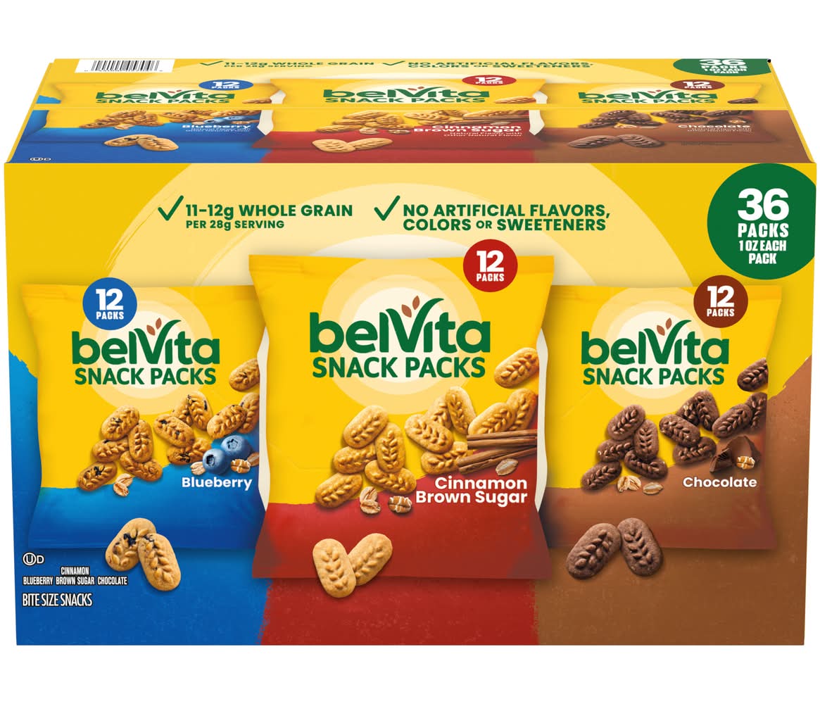 BelVita Breakfast Biscuits Bite-Size Snack Variety pack, Blueberry, Chocolate And Cinnamon Brown Sugar (36 oz, 36 ct)