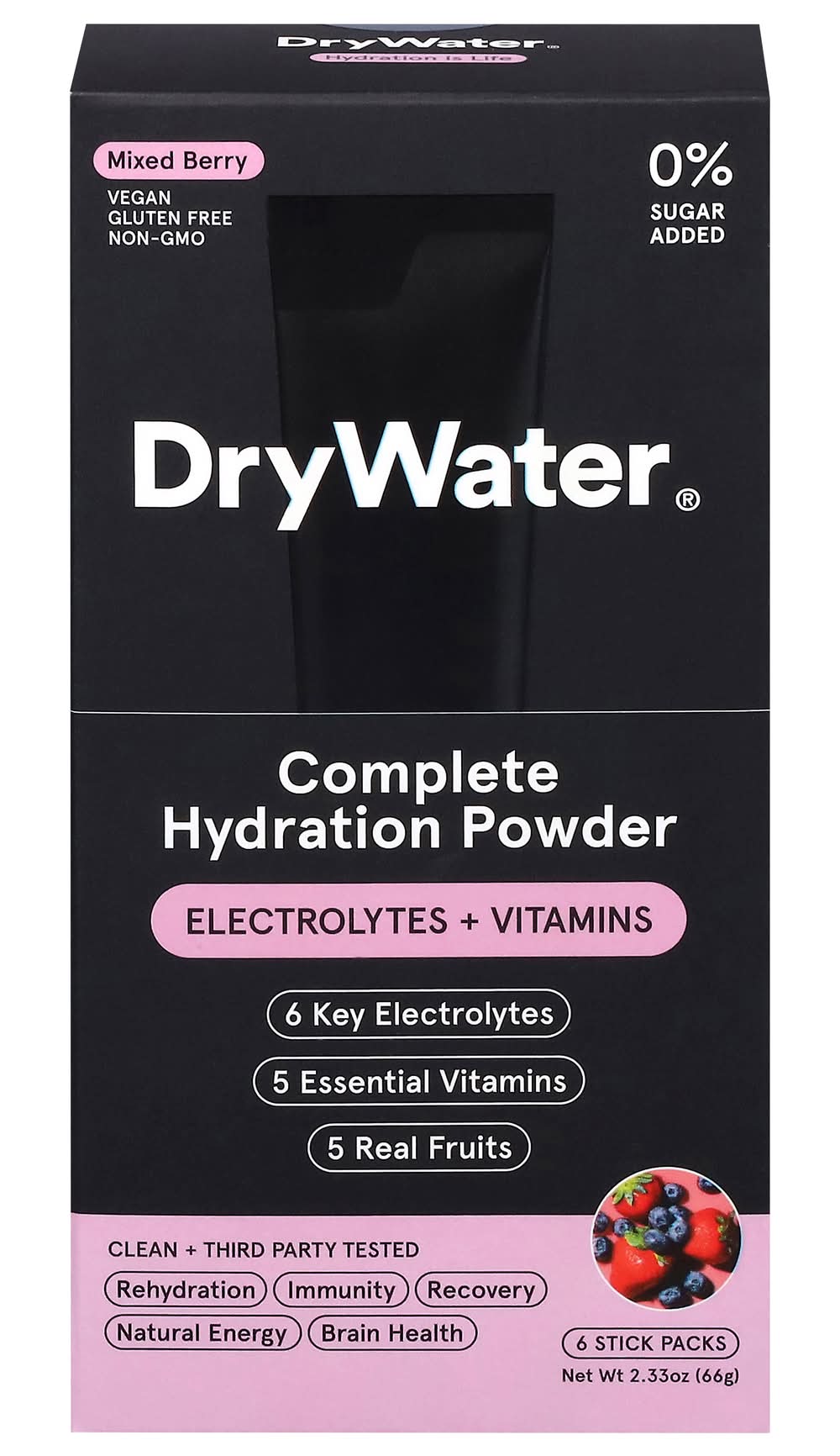 DryWater Electrolytes + Vitamins Complete Hydration Powder, Mixed Berry (2.33 oz, 6 ct)