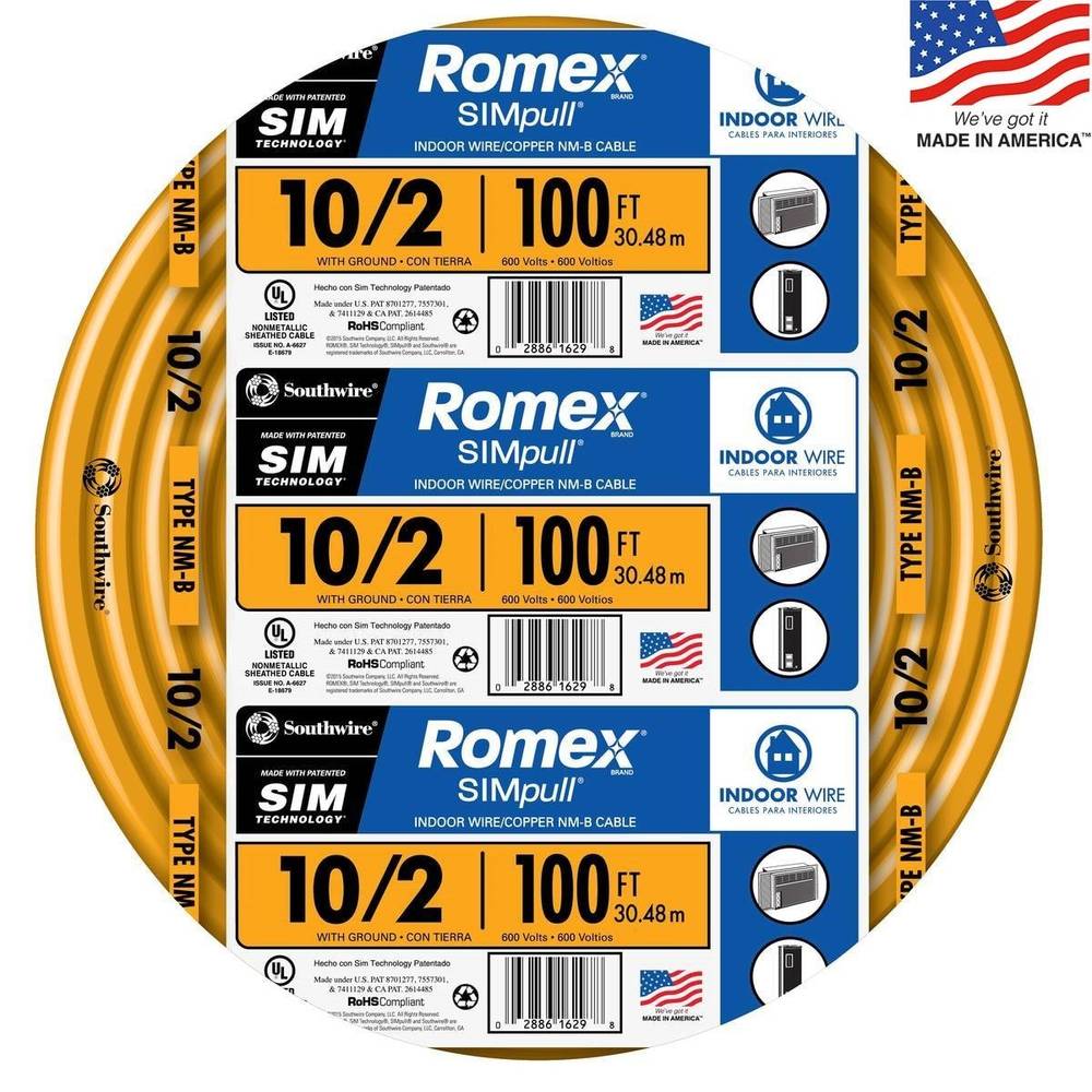 Southwire 10/2 Solid Romex Simpull Cu Nm-B W/G Wire, 100 Ft, Orange