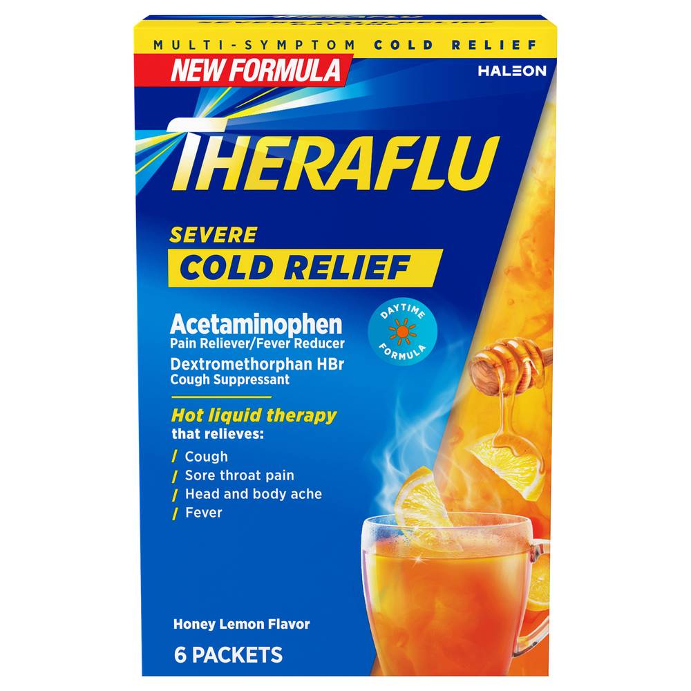 Theraflu Multi-Symptom Acetaminophen Severe Cold Relief Powder, Honey Lemon (6 ct)