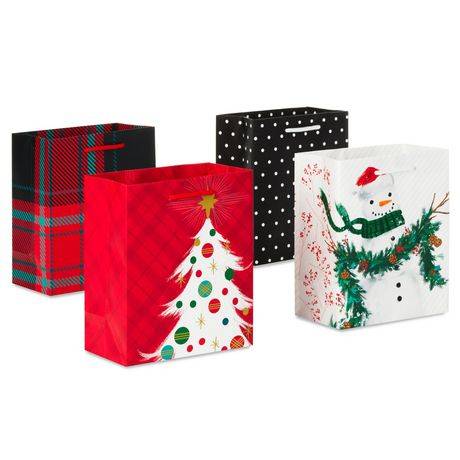 Hallmark 6" Small Christmas Gift Bag Bundle (4 Bags: Snowman, Black, Plaid, Tree)