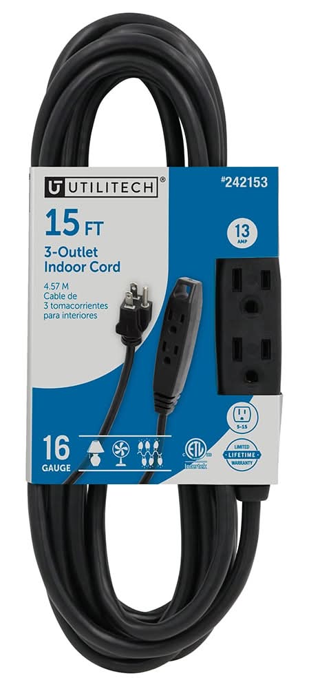 Utilitech 15-ft 16 / 3 Light Duty 3 Prong Black Indoor Extension Power Cord
