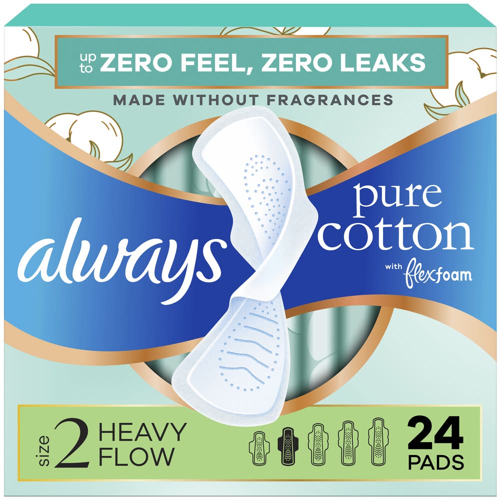 Always Pure Cotton Flexfoam Heavy Flow Wings Pads (0.5 lbs, 24 ct)