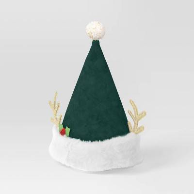 Wondershop Santa Christmas Hat With Glittered Gold Antlers, 17", White-Green