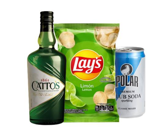Whisky Cattos+ Lays Limon + 2 Polar soda