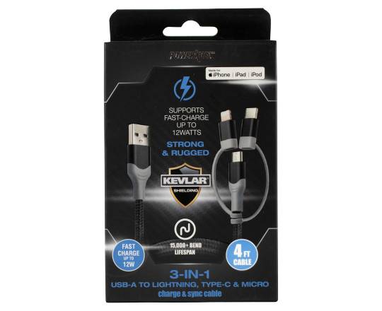 Powerxcel 3-in-1 Usb-A To Lightning Type-C Micro Charge & Sync Cable (4 feet)