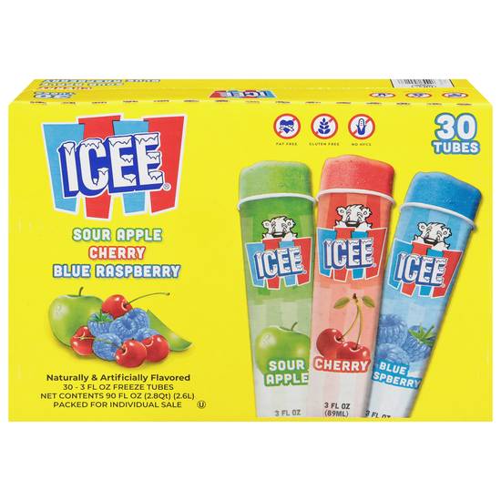 Icee Cherry Cherry Sour Apple and Blue Raspberry Freeze Tubes (30 ct)