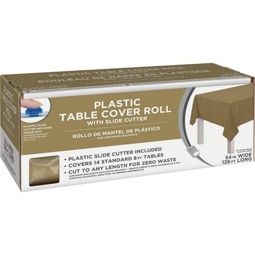 Party City Plastic Table Cover Roll With Slide Cutter, 54 in x 126 ft, Gold