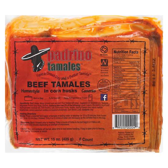 Padrino Foods Homestyle Beef Tamales Corn Husks (6 ct)