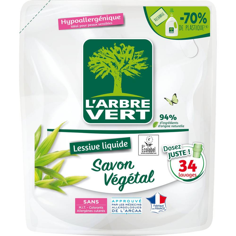 L'Arbre Vert - Récharge lessive liquide savon végétal hypoallergénique (1,53L)