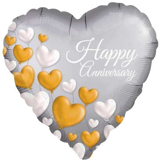 Inflated Happy Anniversary Heart Satin Foil Balloon, 17 in, Silver-Gold