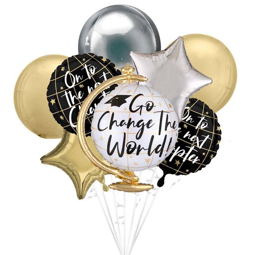 Uninflated Premium Change the World Graduation Foil Plastic Balloon Bouquet, 8pc