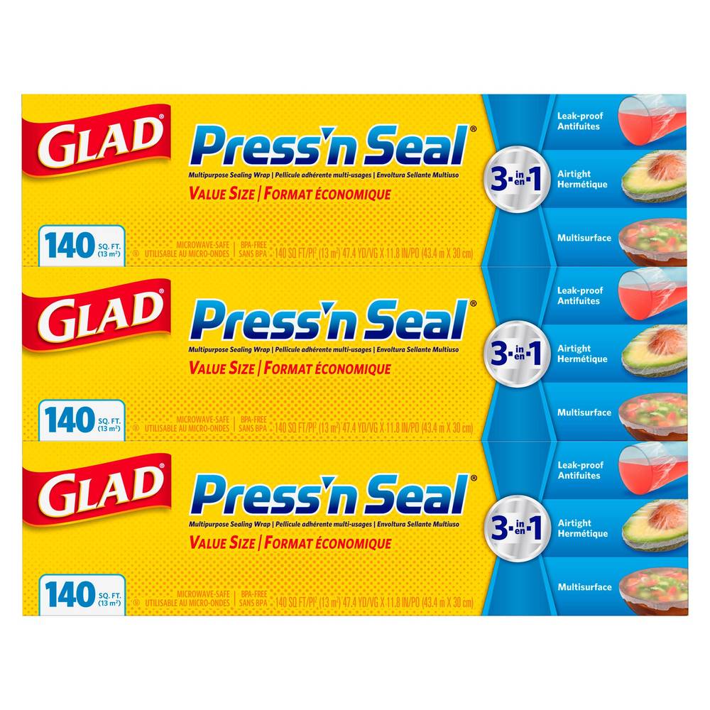 Glad Press'n Seal Plastic Wrap, 140 sq ft, 3-count