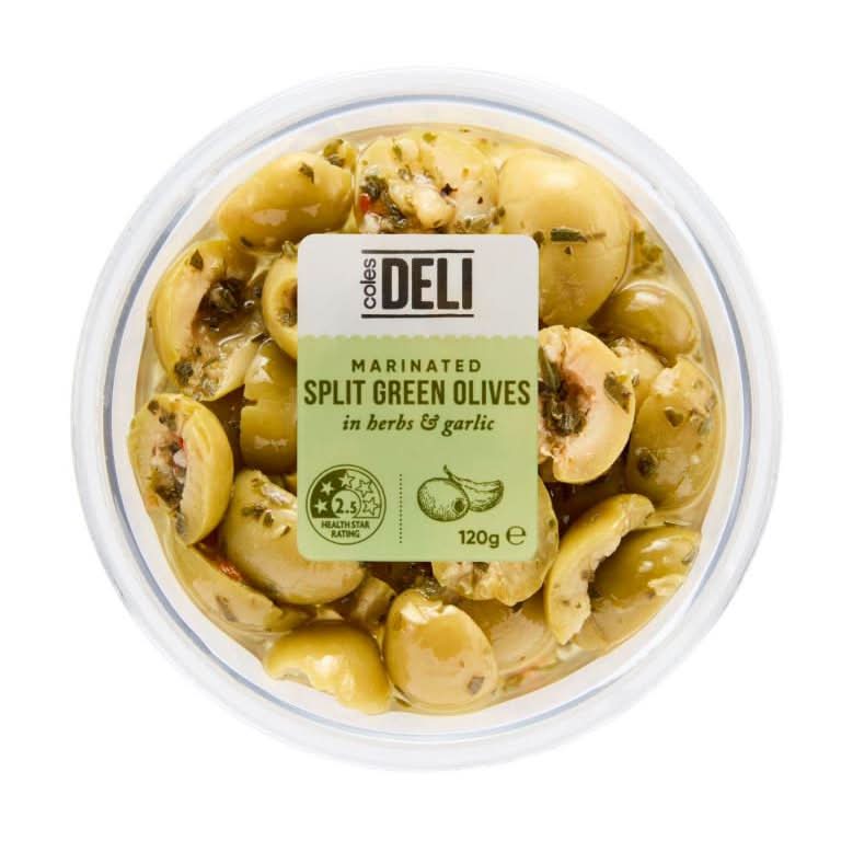 Coles Deli Marinated Split Green Olives in Herbs & Garlic (120g)