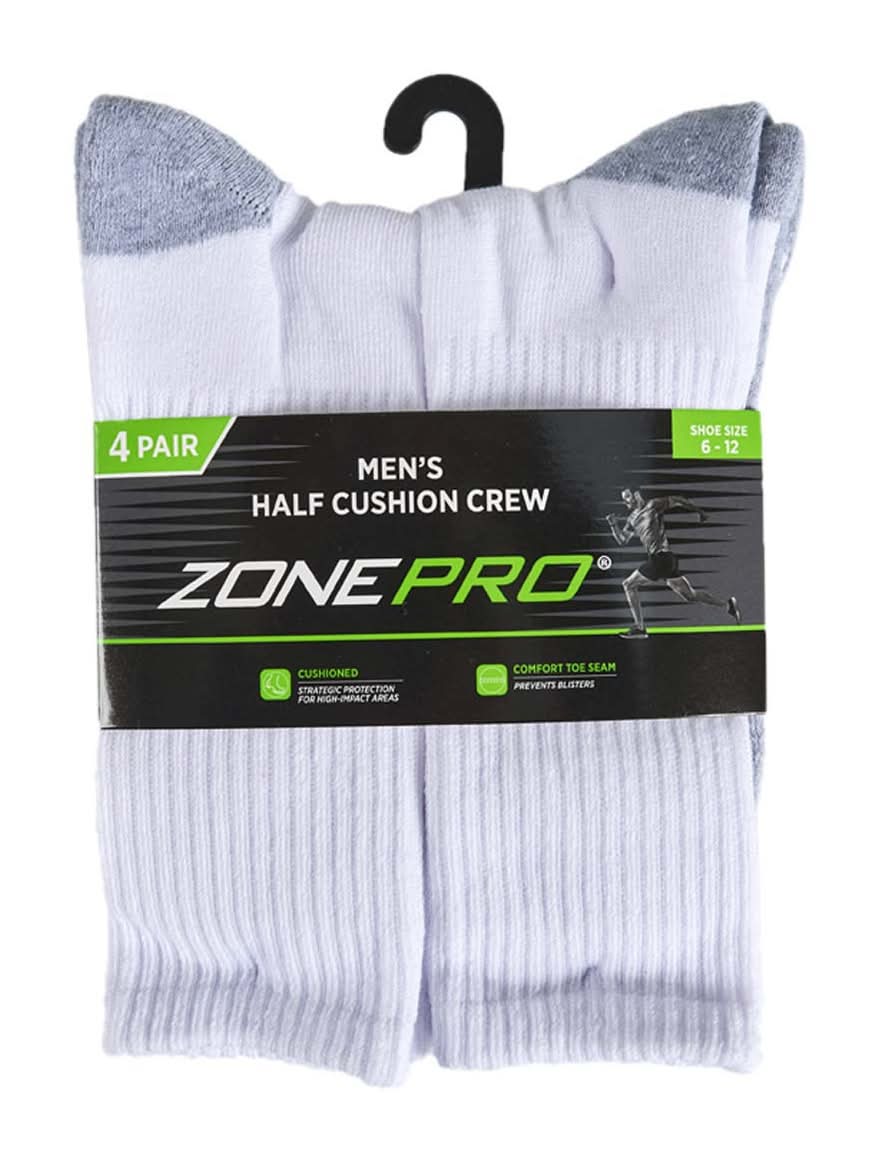 Mens P4 Crew Wht Gfb Zone Pro Mens Socks Crew Wht Sz 6/12-4ct