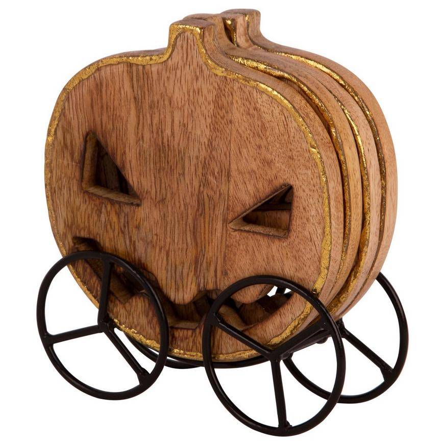 Party City Pumpkin Mangowood Coaster Set With Iron Rack, Brown-Black (5 ct)