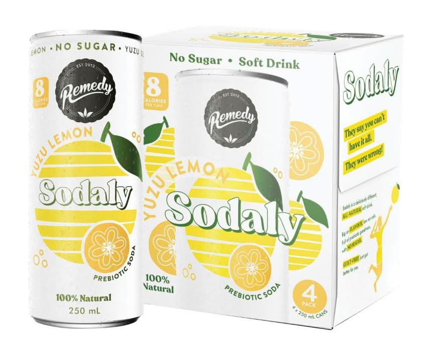 Remedy Drinks Sodaly 100% Natural Prebiotic Soda, Yuzu Lemon (4 x 250mL)