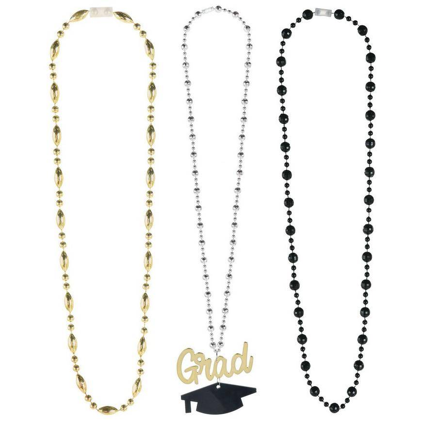 Black, Silver, Gold Graduation Layered Bead Necklace, 20in