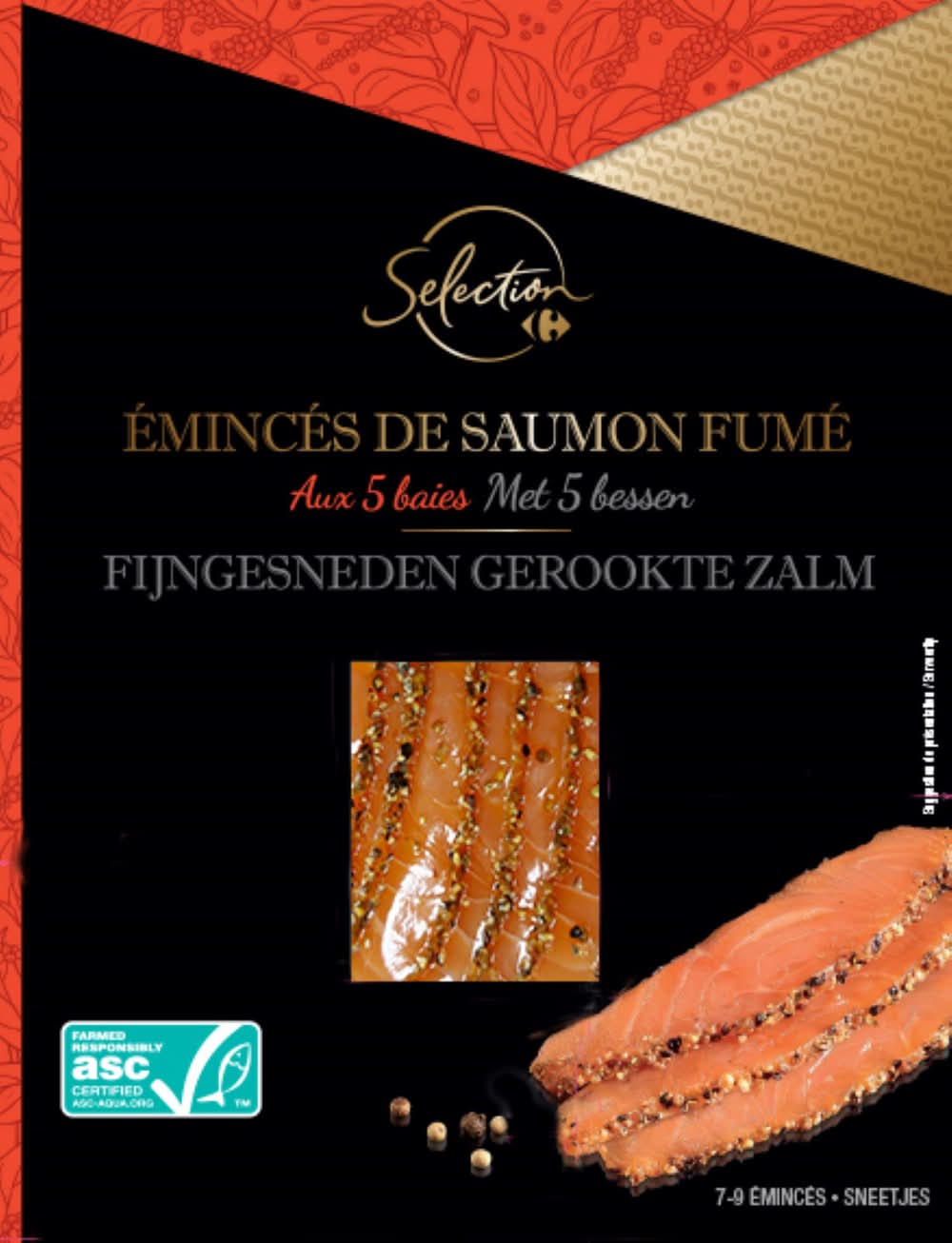 Carrefour Sélection - Émincés de saumon fumé aux 5 baies (100g)