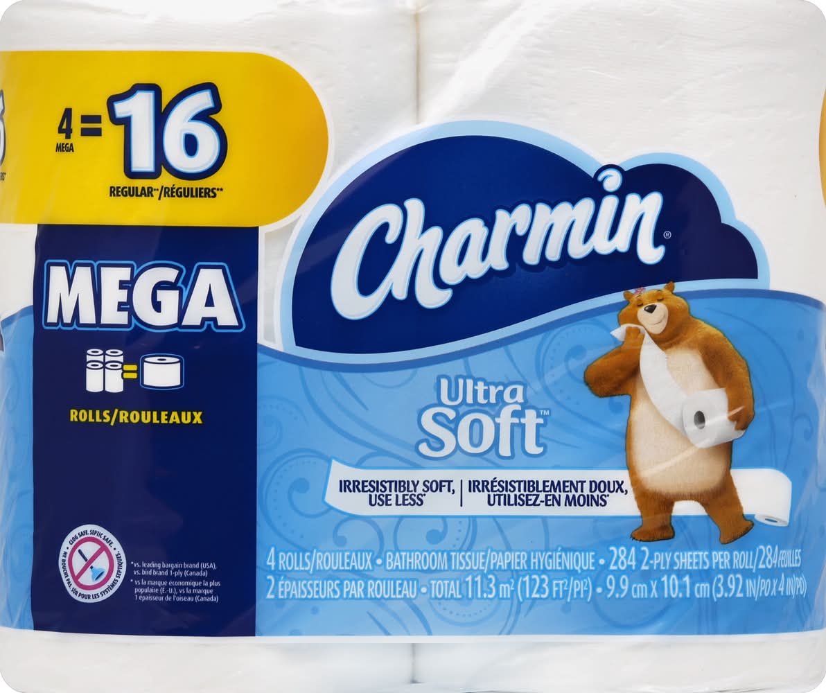 Charmin Ultra Soft Mega 2 Ply Roll Toilet Paper, 3.92x4 in (4 ct)
