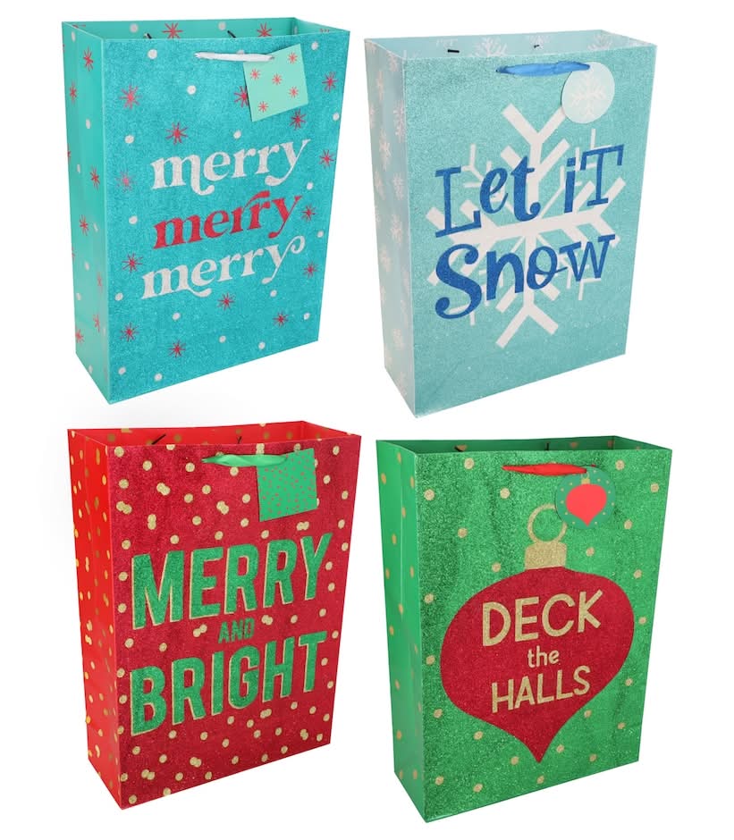 Christmas Whimsical Glitter Gift Bag, XL, Assorted