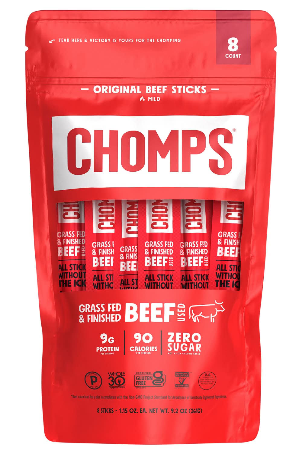 Chomps Mild Grass-Fed and Finished Beef Snack Sticks, Original (8 x 1.15 oz)