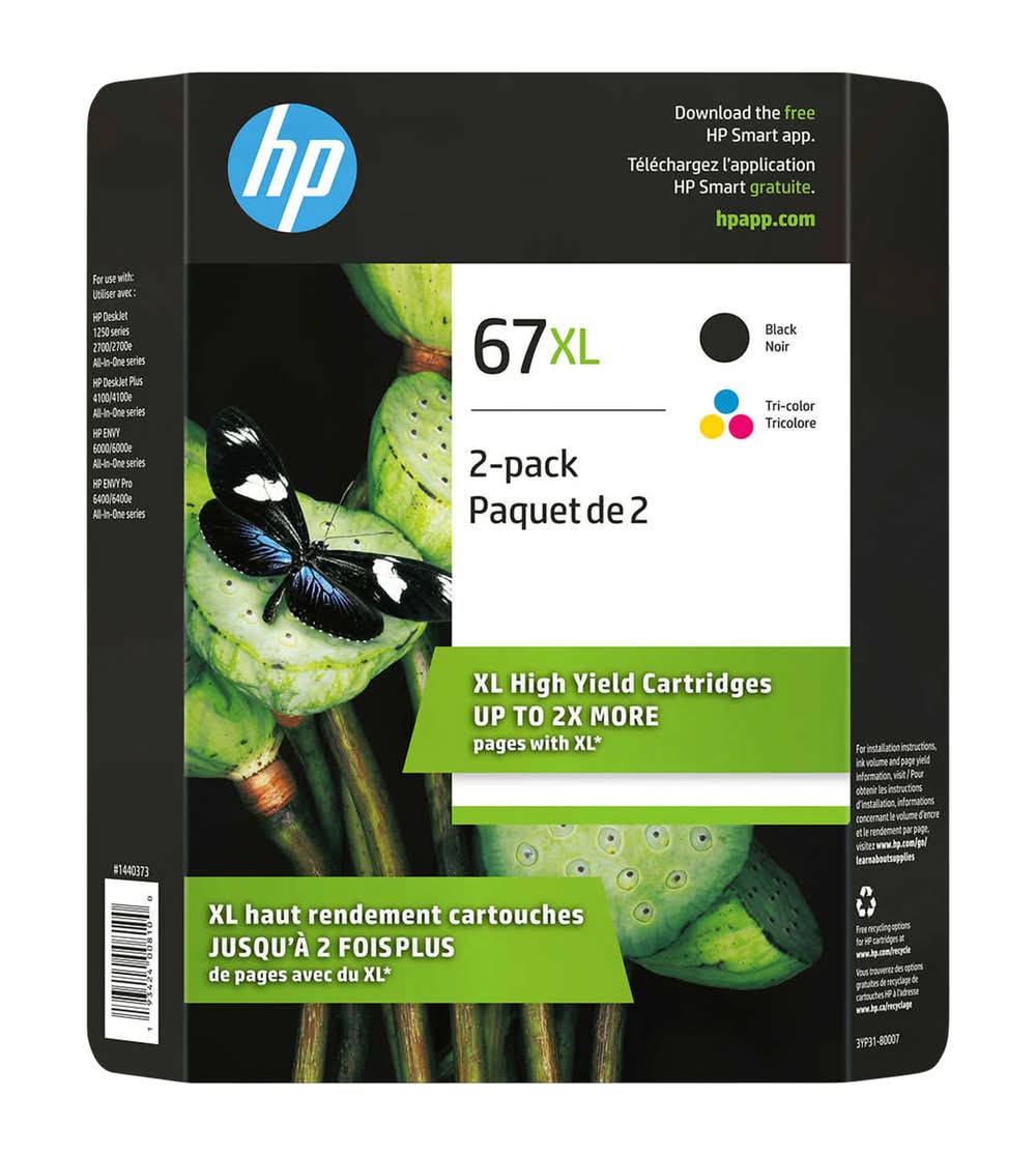 Hp 67Xl – Ensemble De 2 Cartouches D’Encre Noire Et Tricolore À Haut Rendement (3Yp31Bn) / Hp 67Xl Black And Tri-Colour High Yield Original Ink Cartridges (3Yp31Bn) Combo-Pack