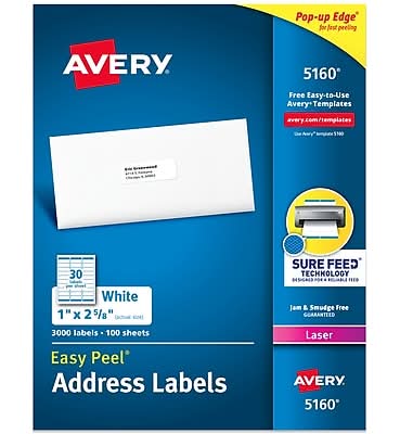 Avery Easy Peel Laser Address Labels, 1 x 2 5/8, Matte White, 3000 Labels/Box (5160)