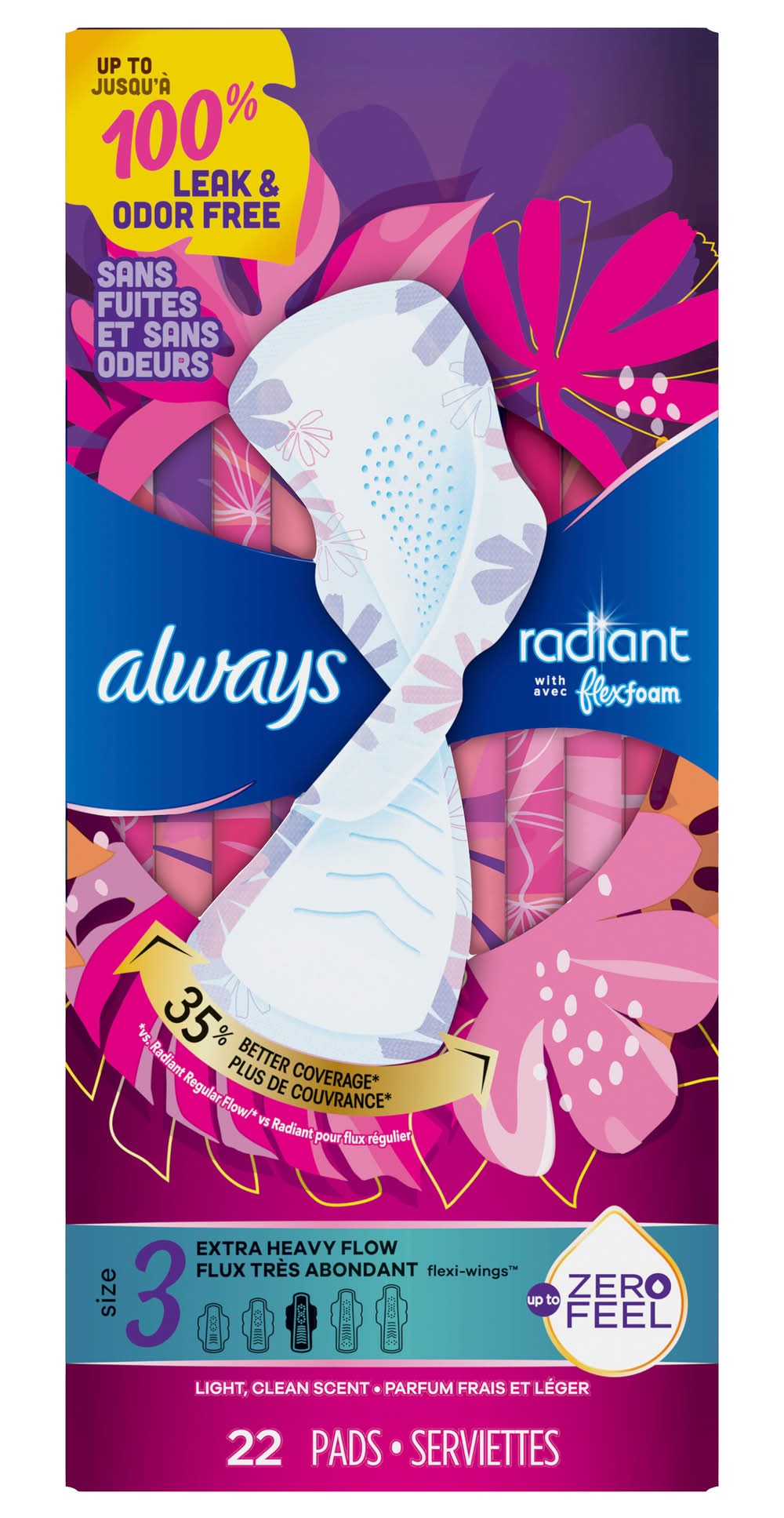 Always Radiant With Flexfoam Extra Heavy Flow Pads, Women, 3 (22 ct)