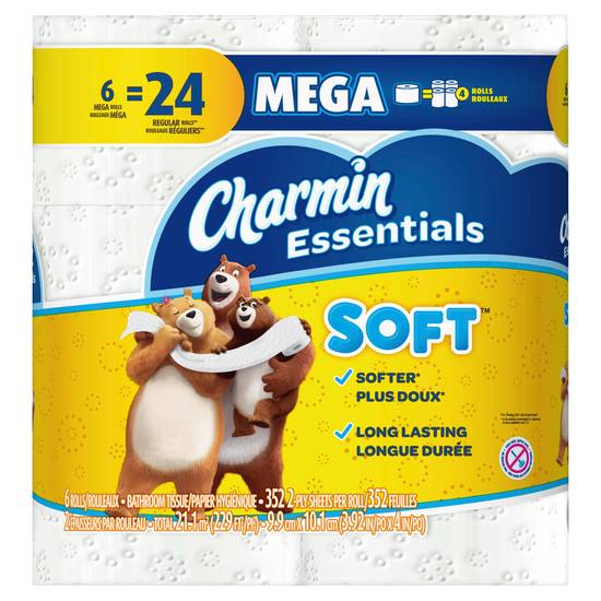 Charmin Essentials Soft Toilet Paper 6 Mega Rolls, 330 sheets per roll