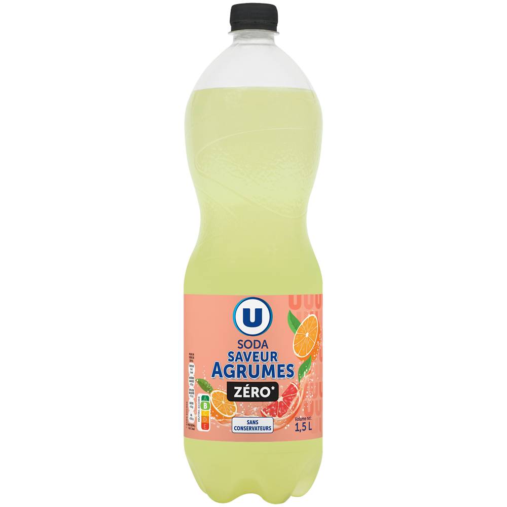 Les Produits U - Boisson gazéifiée aromatisée avec édlcorant zéro sucre, agrumes (1,5L)