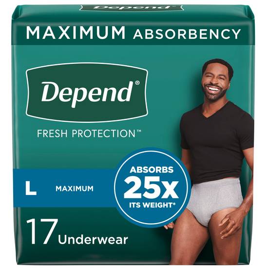Depend FIT-FLEX Incontinence Underwear for Men Maximum Absorbency, Large, Gray, 17 CT