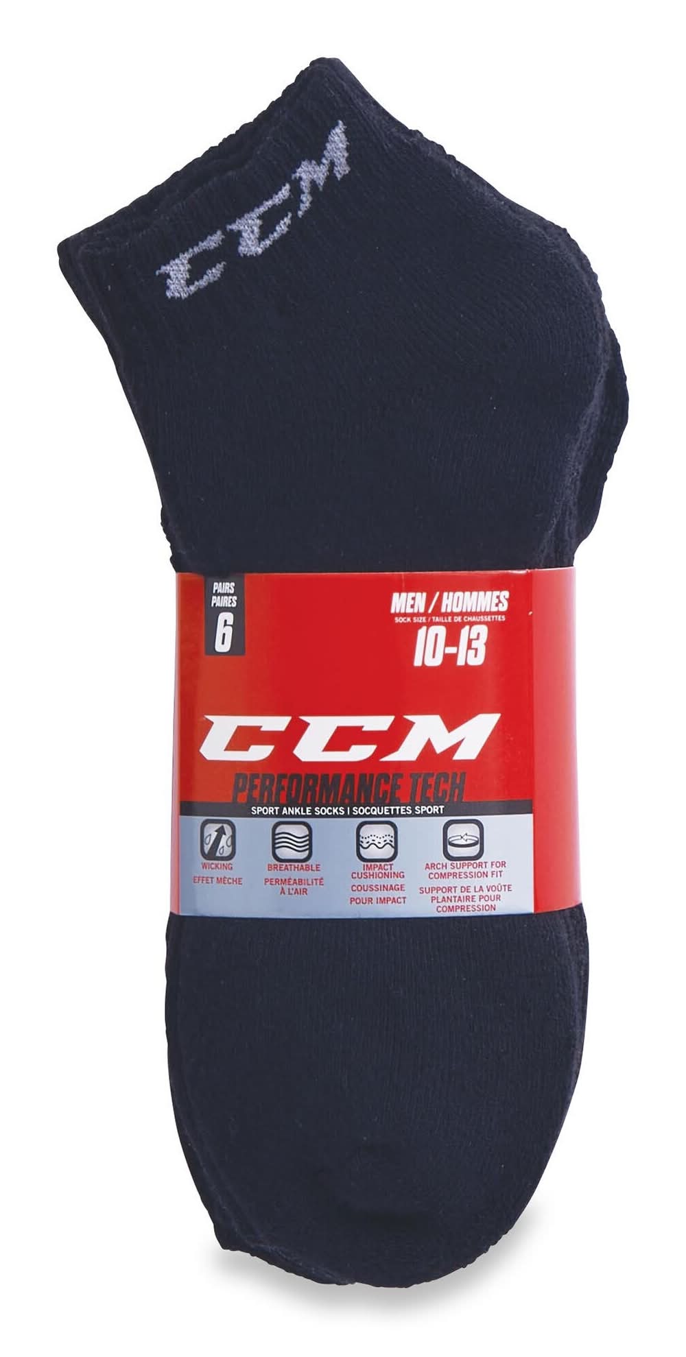 CCM Tech Sport Ankle Socks With Arch Support, Men, size 10-13, Black (6 ct)