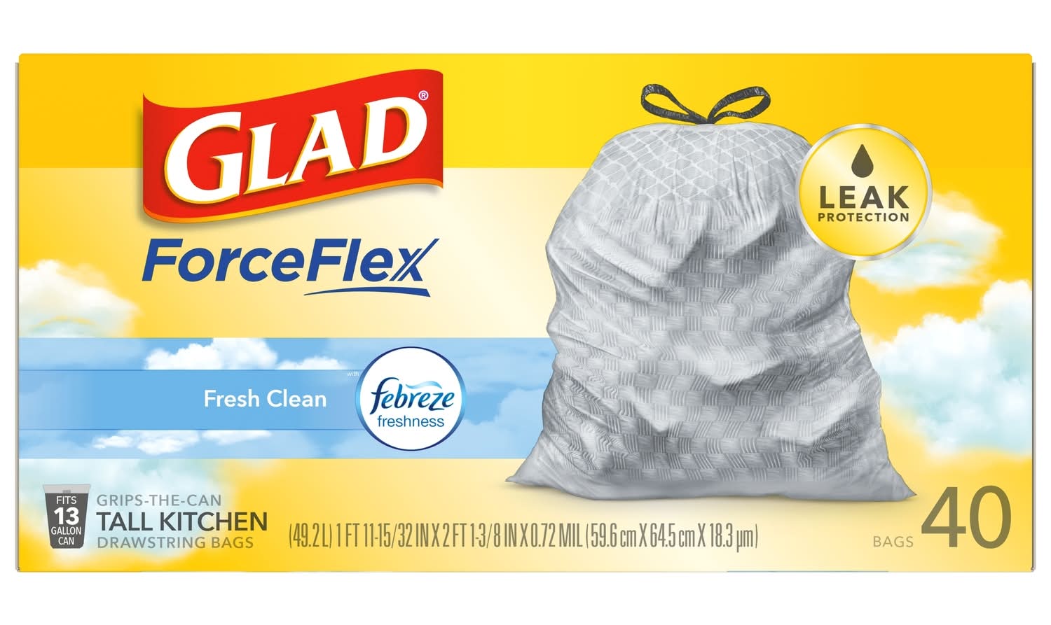 Glad Forceflex 13 Gal Fresh Tall Kitchen Bags Drawstring 40 Pk