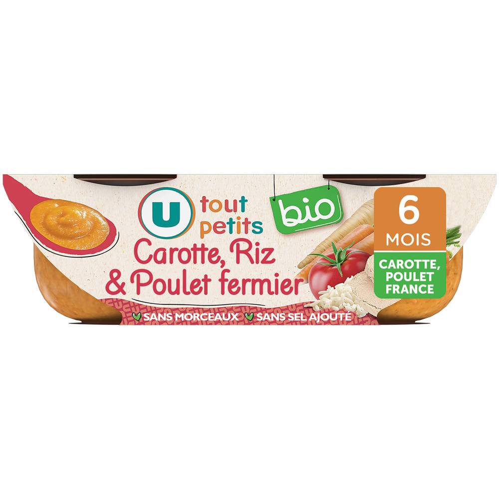 U tout petits Bio - Plats de carottes, tomate, riz et poulet sans morceaux pour bébé, Dès 6 Mois (2)