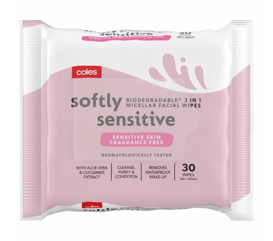 Coles Biodegradable Sensitive 3 in 1 Facial Cleansing Wipes (30 pack)