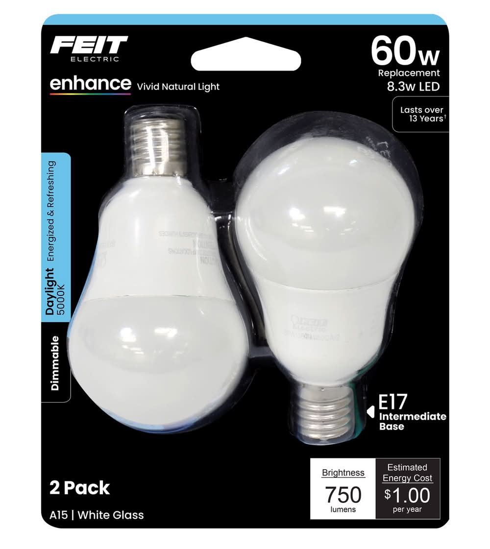 Feit Enhance A15 E17 (Intermediate) Led Bulb Daylight 60 Watt Equivalence 2 Pk