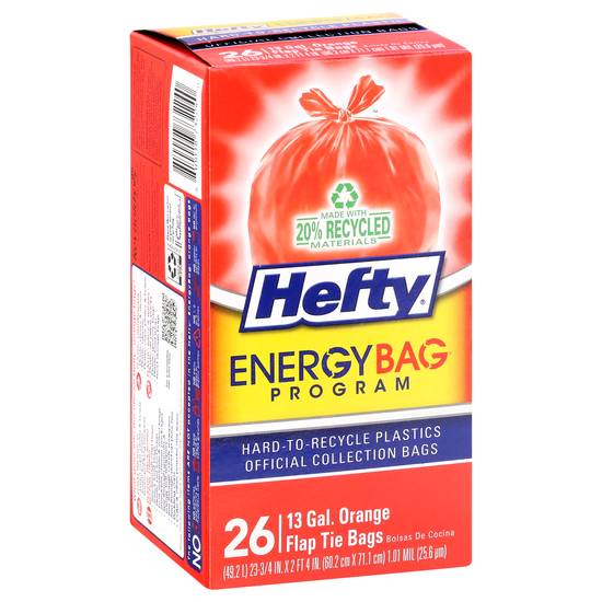 Hefty Energy Bag Program Flap Tie Bags, Orange, 13 Gallon