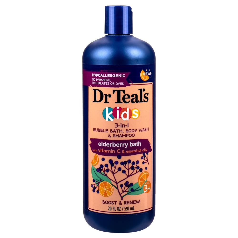 Dr Teal's Kids 3-in-1 Bubble Bath, Body Wash & Shampoo For Ages 3 and Above, Elderberry Bath (20 fl oz)