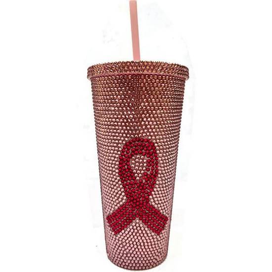 Rhinestone Breast Cancer Awareness Pink Ribbon Plastic Cup with Straw, 24oz