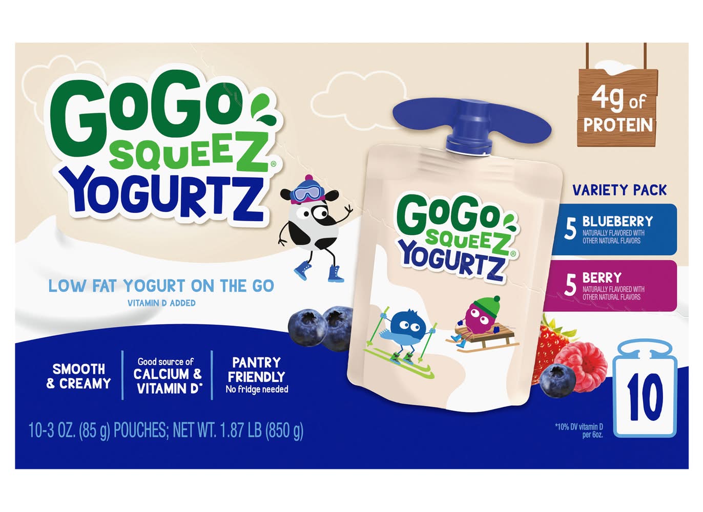 GoGo squeeZ Low Fat Yogurtz Variety pack, Blueberry-Berry (10 x 3 oz)